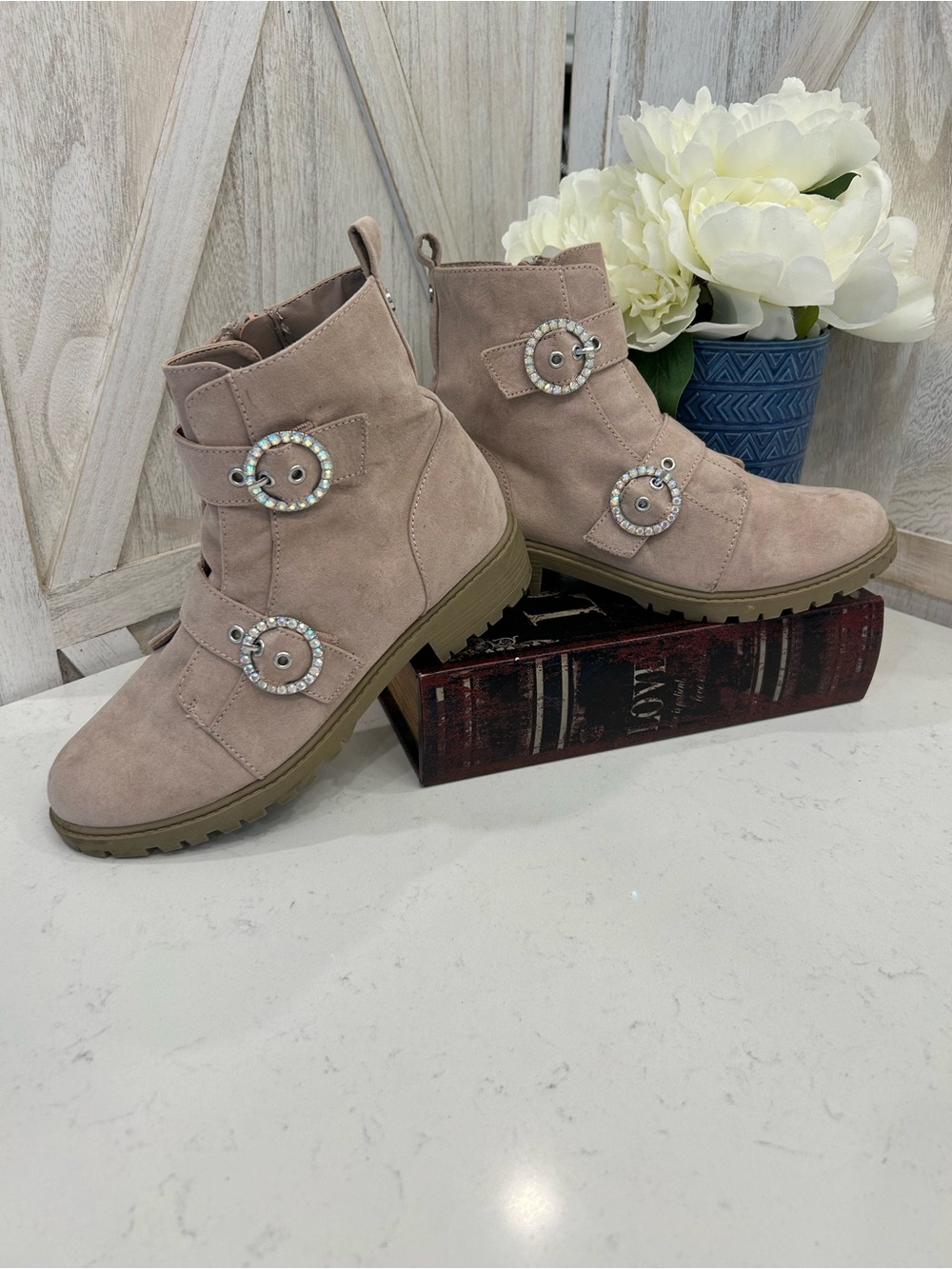 Rhinestone Buckle Suede Ankle Boots - Blush